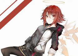 Rule 34 | 1girl, arknights, bad id, bad twitter id, belt, black belt, black pantyhose, black skirt, brown eyes, commentary request, ekuesu, exusiai (arknights), halo, high collar, jacket, looking at viewer, miniskirt, pantyhose, pouch, red hair, short hair, short sleeves, simple background, skirt, smile, solo, standing, thighs, white background, white jacket, wings