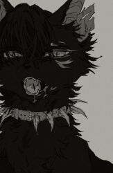 Rule 34 | black fur, blood, cat, collar, grey background, greyscale, highres, monochrome, no humans, notched ear, open mouth, scourge (warrior cats), sharp teeth, solo, spiked collar, spikes, teeth, warrior cats, wxlfpatch