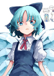 Rule 34 | 2girls, blue bow, blue dress, blue eyes, blue hair, blue headwear, bow, cirno, collared shirt, deetamu, dress, fairy, hair bow, hat, highres, ice, ice wings, kamishirasawa keine, long hair, multiple girls, multiple views, open mouth, puffy short sleeves, puffy sleeves, shirt, short hair, short sleeves, simple background, speech bubble, tokin hat, touhou, translation request, upper body, white background, white shirt, wings