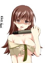 Rule 34 | 1girl, blood, blood from mouth, blush, breasts, brown eyes, brown hair, cleavage, commentary request, green shirt, highres, holding, holding torpedo, kantai collection, kuroi k-ta, large breasts, long hair, ooi (kancolle), open mouth, shaded face, shirt, simple background, smile, torn clothes, torn shirt, torpedo, white background