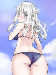 Rule 34 | 1girl, @ @, aqua hair, ass, back, beatrice (rune factory), bikini, black bikini, blush, breasts, cowboy shot, day, from behind, glint, highres, large breasts, long hair, looking at viewer, looking back, nose blush, outdoors, rune factory, rune factory 5, sirachi, skindentation, solo, swimsuit, white hair