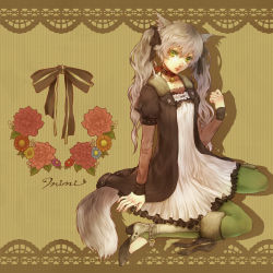 Rule 34 | 1girl, animal ears, bad id, bad pixiv id, bell, bow, camisole, cat ears, cat tail, collar, green hair, green pantyhose, grey hair, hair bow, highres, jingle bell, original, pantyhose, senano-yu, sitting, solo, tail, twintails, wariza