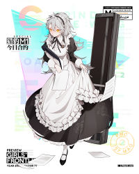 Rule 34 | 1girl, ahoge, alternate costume, alternate hairstyle, apron, badge, black ribbon, blush, breasts, character name, closed mouth, clothes lift, dress, enmaided, frilled apron, frills, frown, full body, gepard m1 (contracted today) (girls&#039; frontline), gepard m1 (girls&#039; frontline), girls&#039; frontline, hair between eyes, holding, holding paper, juliet sleeves, km2o4, lifted by self, long hair, long sleeves, looking away, maid, maid headdress, mary janes, medium breasts, messy hair, mid-stride, neck ribbon, official alternate costume, official art, pale skin, pantyhose, paper, ponytail, puffy sleeves, ribbon, shoes, sidelocks, skirt, skirt lift, standing, sweatdrop, very long hair, weapon case, white pantyhose