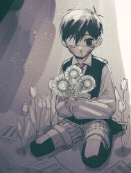 Rule 34 | 1boy, black eyes, black footwear, black hair, black sweater vest, black thighhighs, blood, bruise, bruise on face, collared shirt, empty eyes, expressionless, eyepatch, flower, hair between eyes, highres, holding, holding flower, injury, limited palette, long sleeves, looking at viewer, male focus, medical eyepatch, no pupils, nosebleed, omori, one eye covered, paper, shirt, shoes, short hair, shorts, sitting, solo, striped clothes, striped shorts, sunny (omori), sweater vest, thighhighs, toastytoast, tulip, wariza, white flower, white shirt, white shorts, white tulip