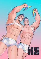 Rule 34 | 2boys, abs, absurdres, arm up, bara, bare pectorals, beard, black hair, bulge, chest harness, closed eyes, couple, cowboy shot, english text, facial hair, gradient background, grey hair, hand on another&#039;s shoulder, hand on another&#039;s waist, harness, highres, large pectorals, lgbt pride, male focus, multiple boys, muscular, navel, nipples, one eye closed, original, pectorals, rainbow flag, rainbow gradient, short hair, shorts, smile, smirk, thick thighs, thighs, yanxijun, yaoi