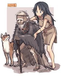 Rule 34 | 1boy, 1girl, animal, anklet, barefoot, beard, black hair, bodypaint, cane, dated, dog, facial hair, fanta (the banana pistols), girls und panzer, highres, hunched over, jewelry, long hair, necklace, old, old man, open mouth, shawl, standing, tribal, yamagou ayumi