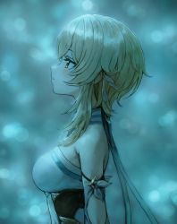 Rule 34 | 1girl, bare shoulders, blonde hair, breasts, detached sleeves, dress, feather hair ornament, from side, genshin impact, hair ornament, highres, large breasts, lumine (genshin impact), medium hair, scarf, sidelocks, solo, sonchi, white dress, white scarf, yellow eyes