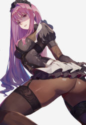 Rule 34 | 1girl, all fours, ass, bodysuit, breasts, fate/grand order, fate (series), garter straps, hair intakes, headdress, highres, long hair, looking at viewer, purple eyes, purple hair, scathach (fate), sidelocks, skindentation, solo, thighhighs, vic (vedream)
