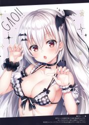 Rule 34 | 1girl, absurdres, arm up, bare shoulders, bat hair ornament, bikini, black bow, black choker, black scrunchie, blush, bow, breasts, chestnut mouth, choker, claw pose, cleavage, collarbone, detached sleeves, fang, frills, gao, hair between eyes, hair ornament, hairclip, hand up, hands up, highres, long hair, looking at viewer, medium breasts, mitsuba choco, one side up, original, plaid, plaid bikini, puffy short sleeves, puffy sleeves, red eyes, scan, scrunchie, shiny clothes, short sleeves, silver hair, simple background, skin fang, solo, swimsuit, upper body, very long hair, white background, wrist cuffs, wrist scrunchie