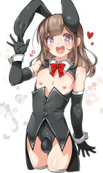 Rule 34 | 1boy, animal ears, artist request, blush, brown hair, bulge, earrings, fake animal ears, heart, heart-shaped pupils, highres, jewelry, long hair, looking at viewer, rabbit ears, simple background, smile, source request, symbol-shaped pupils, testicles, trap, white background