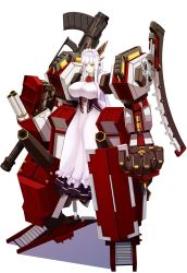 Rule 34 | 1girl, amino dopple, apron, armored core, armored core 5, ascot, breasts, closed mouth, dress, exoskeleton, externally piloted mecha, full body, green eyes, highres, horns, large breasts, long dress, long hair, looking at viewer, maid, mecha, original, red ascot, robot, simple background, solo, white apron, white background, white hair