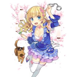 Rule 34 | &gt;:d, 1girl, :d, amelie mcgregor, armband, blonde hair, blue dress, blue eyes, braid, breasts, cherry blossoms, choker, cleavage, cuffs, dog, dress, flower, food, french braid, frilled dress, frills, hair flower, hair ornament, hat, lantern, long hair, looking at viewer, medium breasts, mmu, official art, open mouth, police hat, smile, solo, standing, standing on one leg, thighhighs, transparent background, uchi no hime-sama ga ichiban kawaii, v-shaped eyebrows, wavy hair, white thighhighs, zettai ryouiki