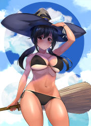 Rule 34 | 1girl, arm up, bikini, bikini tan, black hair, black hat, blue sky, bottle, breasts, broom, brown eyes, cloud, cloudy sky, commentary request, cowboy shot, day, hat, holding, holding bottle, holding broom, kiryuu takahisa, large breasts, long hair, looking at viewer, low twintails, navel, original, outdoors, parted lips, ribbon, side-tie bikini bottom, skindentation, sky, solo, standing, string bikini, swimsuit, tan, tanline, twintails, water bottle, white ribbon, witch, witch hat, wrist ribbon