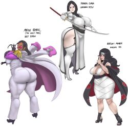 Rule 34 | 3girls, absurdres, ass, back, black hair, bleach, blue eyes, breasts, clothes, ear piercing, earrings, english text, headband, highres, holding, holding sword, holding weapon, huge ass, huge breasts, jewelry, long hair, looking at viewer, looking back, multiple girls, naruto, naruto (series), naruto shippuuden, nico robin, one piece, piercing, red eyes, simple background, sunglasses, sunnysundown, sword, unohana retsu, weapon, white background, yuuhi kurenai
