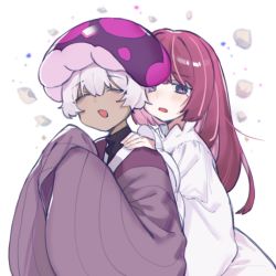Rule 34 | 1boy, 1girl, :3, :d, ^ ^, bad id, bad pixiv id, closed eyes, commentary, cookie run, crying, d:, dark-skinned male, dark skin, dress, hands on another&#039;s shoulders, hat, highres, hufy, humanization, long hair, looking at viewer, mushroom hat, onion cookie, open mouth, poison mushroom cookie, purple eyes, purple hair, purple headwear, purple shirt, shirt, short hair, sidelocks, sleeves past fingers, sleeves past wrists, smile, white dress, white hair, wide sleeves