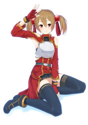 Rule 34 | 10s, 1girl, absurdres, arm up, armor, armpits, bad id, bad pixiv id, black thighhighs, blush, brown hair, couzone, fingerless gloves, gloves, highres, red eyes, short twintails, silica, simple background, sitting, skirt, smile, solo, sword art online, thighhighs, twintails, waving, white background, yokozuwari