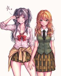 Rule 34 | 2girls, aihara academy school uniform, aihara mei, aihara yuzu, alternate hairstyle, azulasi, black hair, blonde hair, breasts, citrus (saburouta), cleavage, clothes around waist, collarbone, cowboy shot, green eyes, grin, hand on another&#039;s thigh, highres, inseki, large breasts, long hair, looking at viewer, multiple girls, necktie, pentagram, personality switch, purple eyes, school uniform, siblings, simple background, sisters, skirt, smile, sweatdrop, thighs, twintails, v over eye, white background, yuri