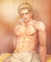 Rule 34 | 1boy, abs, arm support, blonde hair, blush, chromatic aberration, collarbone, green eyes, indoors, kazuhira miller, lunarclinic, male focus, metal gear (series), metal gear solid: peace walker, mullet, muscular, muscular male, naked towel, navel, nipples, nude, open mouth, pectorals, sauna, short hair, sitting, solo, steam, sweat, towel, wooden wall