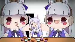 Rule 34 | 1girl, 2others, animal ears, aqua bow, blank room soup, blush stickers, bow, bowtie, brown headwear, chinese commentary, commentary, cosplay, crumbs, crying, cupcake, doorway, doqute stuffed doll, ear bow, english commentary, food, gold ship (umamusume), grey hair, headgear, highres, horse ears, horse girl, indoors, kigurumi, long hair, mejiro mcqueen (umamusume), mixed-language commentary, multiple others, pillbox hat, puffy short sleeves, puffy sleeves, purple bow, purple bowtie, purple eyes, purple hair, purple shirt, sailor collar, sailor shirt, school uniform, shirt, short sleeves, sidelocks, streaming tears, suigetsu (moon), summer uniform, swept bangs, tears, tracen school uniform, troll face, umamusume, white sailor collar