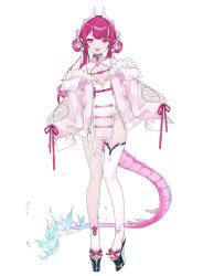 Rule 34 | chinese clothes, cleavage cutout, clothing cutout, dragon girl, dragon horns, dragon tail, dress, full body, fur trim, horns, indie virtual youtuber, jacket, long hair, low twintails, natsuiro xx, pink dress, pink eyes, pink jacket, pinky (vtuber), platform clogs, platform footwear, second-party source, single thighhigh, sleeves past wrists, tail, thick eyebrows, thigh strap, thighhighs, twintails, virtual youtuber