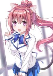 Rule 34 | 1girl, animal ears, cat ears, cat tail, highres, long hair, open mouth, original, ponytail, red eyes, red hair, smile, solo, tail, takapii, uniform