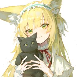 Rule 34 | 1girl, absurdres, animal, animal ear fluff, animal ears, arknights, black cat, blonde hair, cat, closed mouth, colored tips, fox ears, fox girl, frilled hairband, frills, green eyes, green hairband, hairband, highres, holding, holding animal, holding cat, looking at viewer, multicolored hair, neck ribbon, red ribbon, ribbon, saymiya, shirt, simple background, smile, solo, suzuran (arknights), white background, white hair, white shirt
