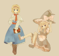 Rule 34 | 2girls, alice margatroid, apron, arms up, bad id, bad pixiv id, beige background, blonde hair, blue eyes, book, boots, braid, capelet, female focus, full body, grimoire, hat, hizu, kirisame marisa, knee boots, long hair, long sleeves, looking at viewer, multiple girls, noise (hakusen), simple background, single braid, standing, touhou, very long hair, waist apron, witch, witch hat