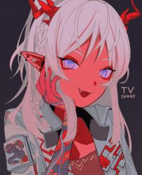 Rule 34 | 1girl, arknights, artist name, black background, braid, ear piercing, earrings, fang, hand up, horns, jewelry, long hair, looking at viewer, myon (tokipi), nian (arknights), open mouth, piercing, pointy ears, purple eyes, red horns, simple background, smile, solo, tattoo, upper body, white hair