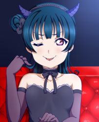 Rule 34 | 10s, 1girl, :p, bare shoulders, blue hair, blunt bangs, blush, breasts, choker, closed mouth, commentary, couch, demon horns, elbow gloves, fake horns, gloves, hair bun, hair ribbon, hairband, horns, long hair, love live!, love live! school idol festival, love live! sunshine!!, one eye closed, purple eyes, ribbon, side bun, single hair bun, single side bun, sleeveless, small breasts, smile, smug, solo, sooki, tongue, tongue out, tsushima yoshiko, upper body