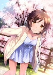 Rule 34 | 1girl, arms behind back, bag, bare legs, belt, blue dress, blush, braid, breasts, brown eyes, brown hair, cardigan, cherry blossoms, collarbone, commentary request, crown braid, day, dress, fence, grass, jewelry, leaning forward, looking at viewer, medium breasts, necklace, original, outdoors, polka dot, polka dot dress, short hair, shoulder bag, smile, solo, standing, tan (tangent), tree