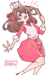 Rule 34 | 1girl, :d, ^ ^, animal, animal on head, blush, brown hair, closed eyes, commentary request, cowboy shot, creature on head, dango, dated, delicious party precure, dress, food, fox, frilled dress, frills, hair between eyes, hair ribbon, heart, holding, holding food, kome-kome (precure), long hair, looking at viewer, nagomi yui, on head, open hand, open mouth, partial commentary, pink dress, pink vest, precure, purple eyes, red ribbon, ribbon, sabum, signature, simple background, skewer, smile, spoken heart, twitter username, two side up, vest, wagashi, watch, white background, wristwatch