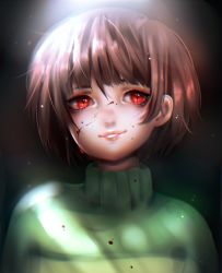 Rule 34 | backlighting, black background, blood, blood on face, brown hair, chara (undertale), chariko, commentary, english commentary, eyelashes, green sweater, hair between eyes, looking at viewer, red eyes, short hair, slit pupils, smile, solo, sweater, turtleneck, turtleneck sweater, undertale, upper body