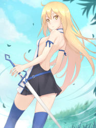 Rule 34 | 10s, 1girl, ahoge, aiz wallenstein, arm ribbon, back, backless dress, backless outfit, bare arms, bare back, bare shoulders, black dress, black thighhighs, blonde hair, blue ribbon, blue sky, blue thighhighs, blurry, breasts, closed mouth, clothes lift, cloud, convenient censoring, dan (kumadan), day, depth of field, dress, dress lift, dungeon ni deai wo motomeru no wa machigatteiru darou ka, expressionless, female focus, floating hair, grass, hair between eyes, leaf, legs, lens flare, long hair, looking at viewer, looking back, matching hair/eyes, medium breasts, multicolored clothes, multicolored dress, outdoors, pleated dress, ribbon, sheath, short dress, sideboob, sky, sleeveless, sleeveless dress, sleeveless turtleneck, solo, sparkle, standing, sword, sword oratoria, thighhighs, thighs, turtleneck, very long hair, weapon, white dress, wind, wind lift, yellow eyes, zettai ryouiki