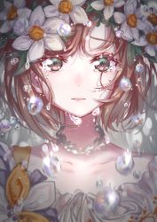 Rule 34 | 1girl, absurdres, brown eyes, brown hair, collarbone, flower, hair between eyes, hair flower, hair ornament, head wreath, highres, looking at viewer, mitasarenai pale color (project sekai), parted lips, portrait, project sekai, shinonome ena, short hair, solo, white flower, yuzuha wasa