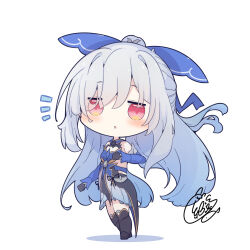 Rule 34 | 1girl, :o, beni shake, black dress, black gloves, blue dress, blue ribbon, blue sleeves, blush, breasts, chibi, commentary request, detached sleeves, dress, full body, gloves, grey hair, hair over one eye, hair ribbon, honkai: star rail, honkai (series), jingliu (honkai: star rail), long hair, long sleeves, looking at viewer, notice lines, parted lips, ponytail, red eyes, ribbon, shadow, signature, simple background, small breasts, solo, standing, very long hair, white background