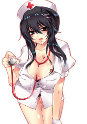 Rule 34 | 1girl, :d, absurdres, black eyes, black hair, bra, breasts, cleavage, hair ornament, hairclip, hanging breasts, hat, highres, kyan (glira), large breasts, leaning forward, looking at viewer, nurse, nurse cap, open mouth, scan, scan artifacts, sidelocks, simple background, smile, solo, stethoscope, thighs, underwear