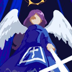 Rule 34 | 1girl, blue background, blue dress, commentary request, cross, dress, faceless, faceless female, flat chest, highres, holding, holding cross, kaigen 1025, long hair, long sleeves, matenshi (touhou), purple hair, sketch, solo, touhou, touhou (pc-98), white wings, wings