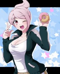 Rule 34 | 10s, 1girl, ;d, alternate color, asahina aoi, breasts, cleavage, danganronpa (series), danganronpa: trigger happy havoc, doughnut, fingernails, food, hair ornament, hairclip, jacket, long hair, nanami chiaki, omagu, one eye closed, open clothes, open jacket, open mouth, pink eyes, pink hair, player 2, ponytail, simple background, smile, solo, striped, striped background, track jacket