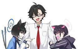 Rule 34 | 1boy, 2girls, ahoge, anger vein, animal ears, black eyes, black hair, black hoodie, black jacket, black nails, blue archive, blue halo, cat ears, cat tail, colored inner hair, extra ears, eyeshadow, glasses, halo, highres, holding another&#039;s arm, hood, hooded jacket, hoodie, jacket, kazusa (blue archive), kikyou (blue archive), makeup, multicolored hair, multiple girls, multiple tails, nail polish, necktie, pink halo, pointing, pointing at another, purple halo, red eyeshadow, semi-rimless eyewear, tail, tamago (eva1314056), two-tone hair, two tails, white background