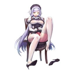 Rule 34 | 1girl, :p, black lilith, breasts, chair, clothes lift, convenient leg, dress, elbow gloves, full body, game cg, garter straps, gloves, headband, high heels, highres, kakiman, knee up, large breasts, last origin, leg up, lifted by self, long hair, looking at viewer, maid, maid headdress, naughty face, nipple slip, nipples, official art, open mouth, see-through, shibari, shibari under clothes, shoes, unworn shoes, silver hair, single shoe, sitting, skirt, skirt lift, smile, solo, tachi-e, thighhighs, thighs, tongue, tongue out, transparent background, very long hair, white gloves, white thighhighs, yellow eyes