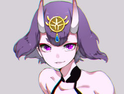 Rule 34 | 1girl, bare shoulders, black neckwear, blue gemstone, blunt bangs, choker, chromatic aberration, collarbone, commentary request, eyebrows, eyelashes, fate/grand order, fate (series), floating hair, gem, grey background, horns, koujira, looking at viewer, makeup, mascara, oni, parted lips, portrait, purple eyes, purple hair, short eyebrows, short hair, shuten douji (fate), simple background, skin-covered horns, slit pupils, smile, solo, thick eyebrows, upper body, wind
