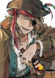 Rule 34 | 1boy, alternate costume, arm rest, barrel, beads, beard over mouth, belt, black belt, black nails, blonde hair, blush, bottle, bracelet, braid, brown coat, brown hair, coat, commentary, earrings, english text, eyebrow cut, eyepatch, fangs, feathers, goldbullet, hat, hat ribbon, holding, holding bottle, holostars, holostars english, hot sauce, jewelry, kadeart, long hair, long sleeves, looking at viewer, male focus, multicolored hair, multiple braids, multiple rings, one eye covered, open collar, open mouth, pirate, pirate hat, ponytail, red ribbon, ribbon, ring, shirt, smile, solo, streaked hair, symbol-only commentary, teeth, twitter username, virtual youtuber, white shirt, yellow eyes