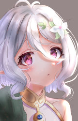 Rule 34 | 1girl, absurdres, antenna hair, blush, close-up, ct-2980-craig, elf, flower, grey background, grey hair, hair between eyes, hair flower, hair ornament, highres, kokkoro (princess connect!), looking to the side, messy hair, open mouth, pointy ears, princess connect!, purple eyes, short hair, simple background, solo