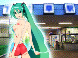Rule 34 | 1boy, 1girl, aqua hair, ass, back, bad id, bad pixiv id, breasts, covered erect nipples, gapper, hatsune miku, kaito (vocaloid), long hair, looking back, medium breasts, slingshot swimsuit, swimsuit, very long hair, vocaloid