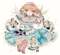 Rule 34 | 1girl, adapted costume, alice margatroid, alternate costume, alternate wings, angel wings, apron, blonde hair, blue dress, blue eyes, book, boots, bow, brown footwear, capelet, center frills, cross-laced footwear, doll, doll joints, dress, feathers, female focus, floral print, frilled apron, frilled capelet, frills, grimoire, grimoire of alice, hair bow, hairband, high heel boots, high heels, joints, lace-up boots, lips, lolita hairband, open book, parted lips, petticoat, puffy sleeves, reading, sash, shanghai doll, short sleeves, simple background, sitting, takatora, touhou, waist apron, white background, white dress, wings, wrist cuffs, writing