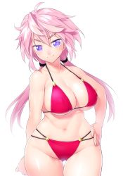 Rule 34 | 1girl, bare shoulders, bikini, blush, breasts, cowboy shot, curvy, hair tie, hand on own hip, large breasts, looking at viewer, messy hair, navel, onsoku inu, original, pink hair, purple eyes, red bikini, simple background, smile, solo, standing, swimsuit, thigh gap, toned, tsurime, twintails, white background, wide hips