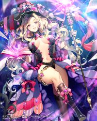 Rule 34 | 1girl, big hair, blonde hair, blue eyes, book, boots, gem, hat, lace, lace-trimmed panties, lace trim, long hair, long skirt, magic, namyo, official art, open mouth, panties, revealing clothes, showgirl skirt, skirt, smile, solo, staff, tenkuu no crystalia, thigh strap, underwear, very long hair, witch, witch hat