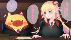 Rule 34 | 1girl, 1other, :i, :t, ^^^, akai haato, black robe, black sweater, blonde hair, blue eyes, blush, book, breasts, cardigan, closed mouth, coat, collared shirt, cosplay, desk, diagonal-striped clothes, diagonal-striped necktie, diagonal-striped neckwear, feathers, gryffindor, haaton (akai haato), hair ornament, harry potter (series), heart, heart hair ornament, hogwarts school uniform, hololive, large breasts, long hair, long sleeves, necktie, one side up, open clothes, open robe, outstretched arm, pig nose, pout, robe, school uniform, shirt, sitting, striped clothes, striped neckwear, sweater, translation request, upper body, virtual youtuber, wand, white shirt, wide sleeves, wizarding world, yoshiheihe