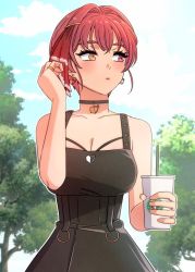 Rule 34 | 1girl, alternate hairstyle, arrow through heart, breasts, choker, cloud, collarbone, commentary request, cup, day, disposable cup, dress, drinking straw, earrings, eyebrows hidden by hair, hair between eyes, heart, heterochromia, holding, holding cup, hololive, houshou marine, jangmaseason, jewelry, outdoors, pinky ring, red eyes, red hair, ring, short hair, sleeveless, solo, starbucks, tree, virtual youtuber, yellow eyes