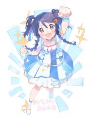 Rule 34 | 1girl, arm up, black eyes, black hair, blue dress, blush, braid, character name, clenched hands, dress, from above, hair ornament, hair ribbon, hairclip, highres, idolmaster, idolmaster cinderella girls, jewelry, leg up, miyoshi sana, necklace, open mouth, puffy sleeves, ribbon, short sleeves, smile, solo, twin braids, twintails, white background, wrist cuffs, zuho (vega)